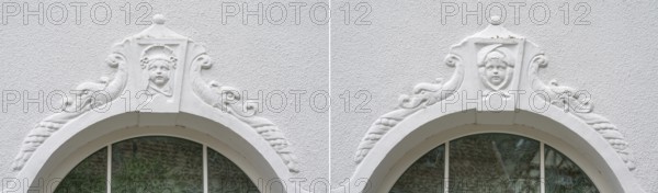 Reliefs of a girl's and boy's head above the fenasters of the oldest kindergarten in Lauf, Lauf an