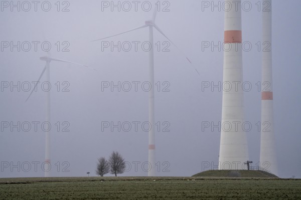 Wind farm in fog, dark doldrums, no wind no direct sunlight, in the Rhenish lignite mining area,