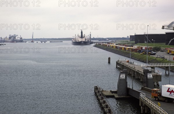 Quay of the North Sea ferry terminal, harbour of Rotterdam, Netherlands, around 1987