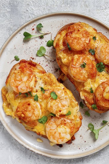 Sandwiches with shrimp and cheese, baked in the oven, with microgreens, breakfast, homemade, no