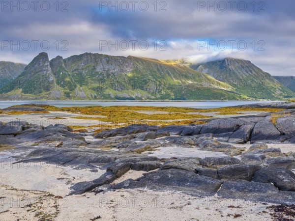 Gimsøy, Gimsøysand, beach with mountains in the background, Lofoten, Norway, Europe