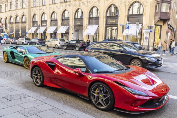 Maximilianstraße Munich on a normal Saturday, Ferrari and other luxury cars on the sophisticated