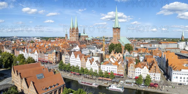 Lübeck old town with river Trave aerial view panorama in the Hanseatic city of Lübeck, Germany,