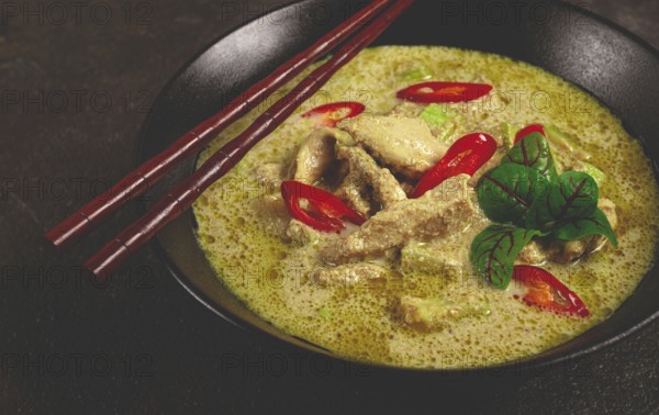 Green curry with chicken, traditional Thai cuisine, Asian food, homemade, no people