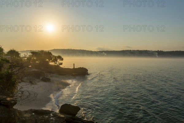 Bay of Nusa Lembongan in the morning, haze, morning mist, beach, bay, sea bay, coastal landscape,