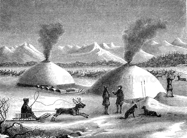 Village of the Koryaks, a people on the Kamchatka peninsula in the far east of Russia, 1870,