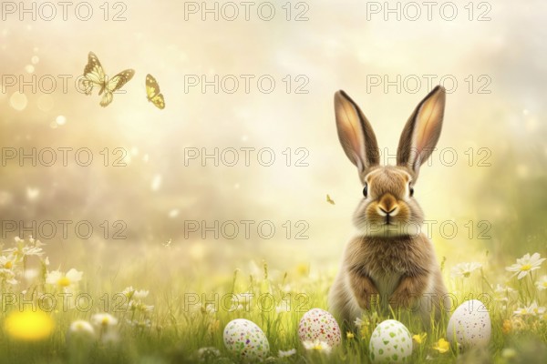 Easter bunny with Easter eggs in spring flowers greeting card with text free space Copyspace in