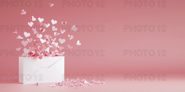 Valentine's Day love letter with envelope and flying hearts on pink background banner generated