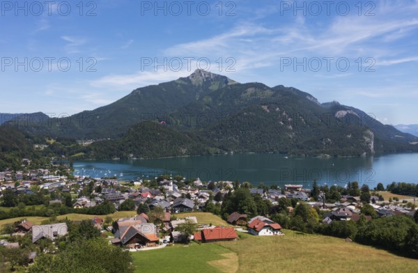 Drone image, Sankt Gilgen am Wolfgangsee with Schafberg, Osterhorn group, Salzkammergut, Salzburg