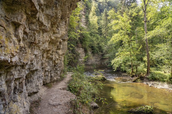 Rock face and the river Wutach in the Wutach Gorge, Black Forest, Baden-Württemberg, Germany,