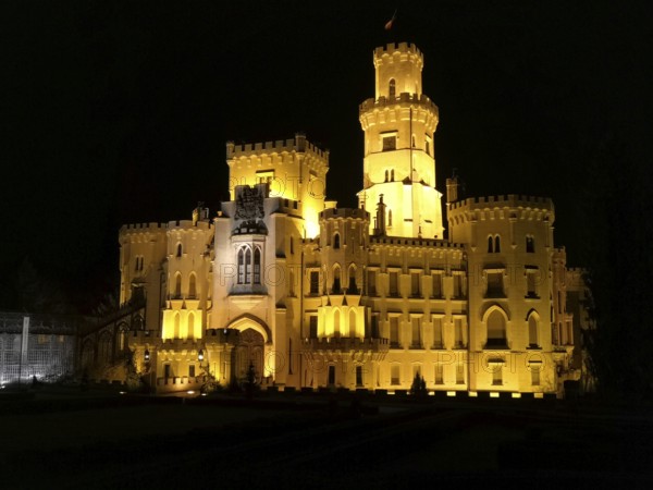 Illuminated castle at night. Hluboká is a historic château situated in Hluboká nad Vltavou. and is