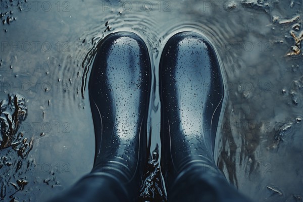 Top view of person's feet in rubber boots standing in flood water. Generative AI, AI generated