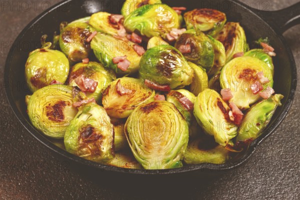 Roasted brussels sprouts, with bacon, vegetarian food, homemade, no people