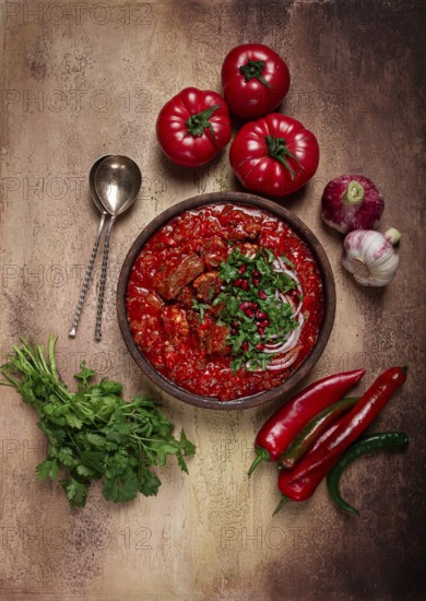 Chashushuli, a traditional Georgian dish, spicy, stewed meat with tomatoes and spices, homemade, no