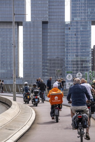Cyclist on the cycle path of the Erasmus Bridge over the Nieuwe Maas, skyline of the skyscrapers on
