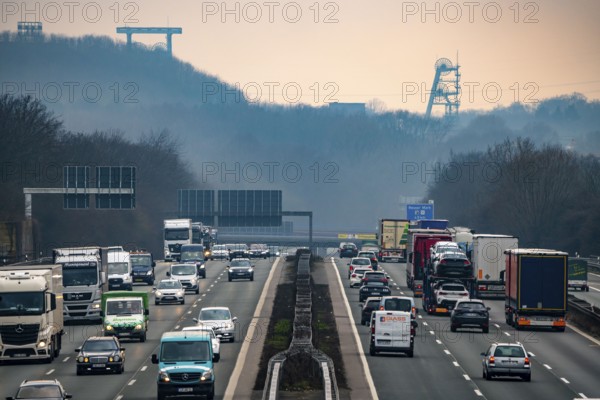 Heavy traffic on the A2 motorway at the Recklinghausen junction heading west, in the background the