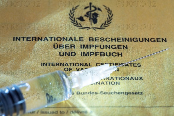 Symbolic photo vaccination, vaccination certificate, syringe with vaccine