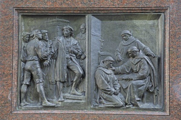 Relief with life story of Martin Luther, entry into the monastery as a monk, figures, history,