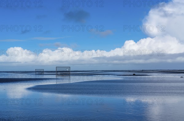 Football pitch, football field, Tor tor, on the beach, tidal creek, in the west of Borkum, island,
