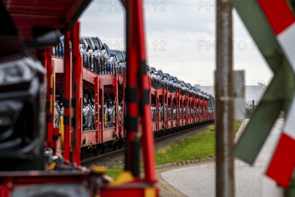 BMW new cars, on freight wagons, in the harbour of Cuxhaven, are shipped from here to Great Britain
