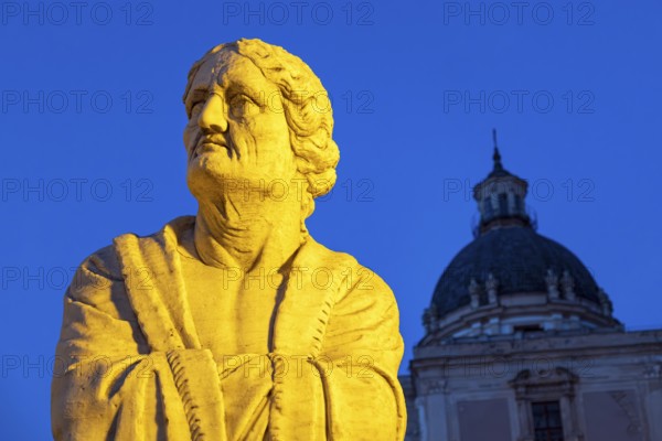 Statue close-up by night, Praetorian Fountain or Fontana Pretoria, Palermo, Sicily, Italy, Europe