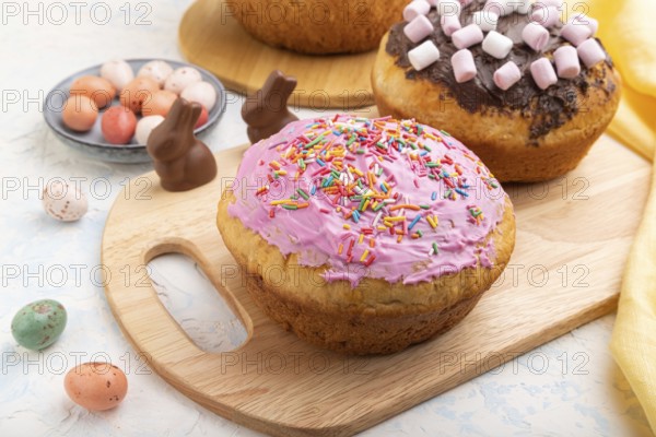 Homemade glazed and decorated easter pies with chocolate eggs and rabbits on a white concrete