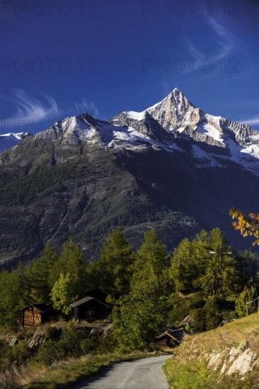 The Bietschhorn near Visperterminen, Swiss Alps, mountain, church, church tower, village, mountain