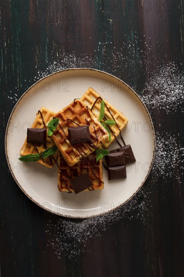 Viennese waffles, with chocolate, breakfast, on a dark background, no people, selective focus,