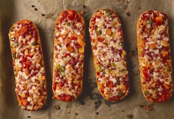 Pizza on a baguette, top view, close-up, no people, fast food, street food