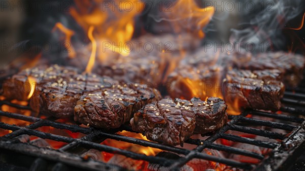 Several beef steaks sizzling on the BBQ. generative AI, AI generated
