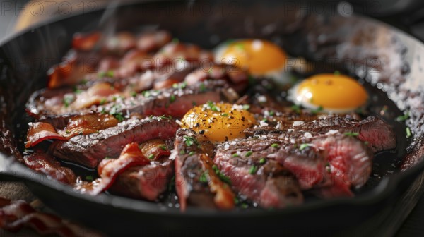 Cast iron pan with thick steak and eggs cooking. generative AI, AI generated