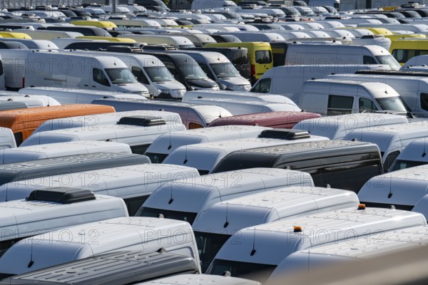 Car terminal in the inland port Logport I, in Duisburg on the Rhine, vehicle handling of new cars,