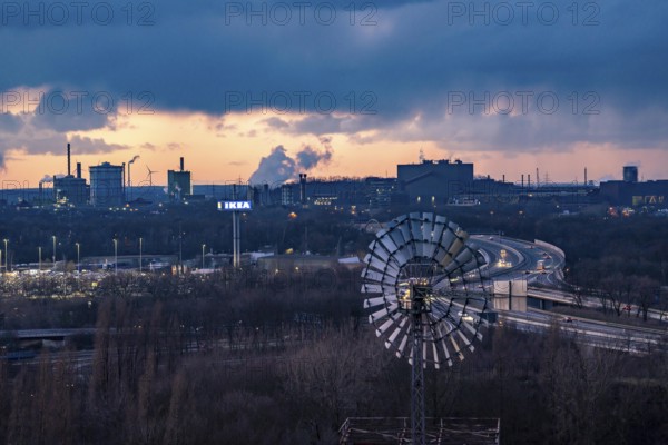 Skyline of the steel location Duisburg, Thyssenkrupp Steel Europe, in Duisburg-Bruckhausen, sunset,