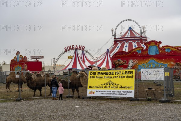Circus Paul bush, shut down during the second corona lockdown, in Oberhausen, with posters pointing