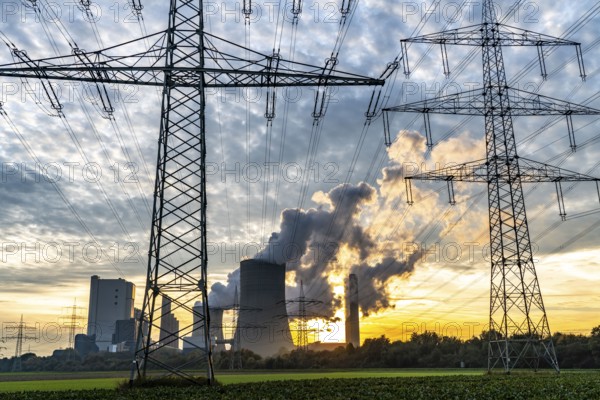 Lignite-fired power plant, RWE Power AG Niederaussem power plant, sunset, Bergheim, North