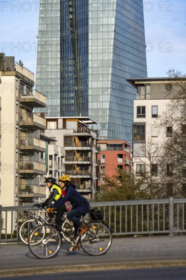 Building of the European Central Bank, ECB, on the Main in Frankfurt, residential buildings on the