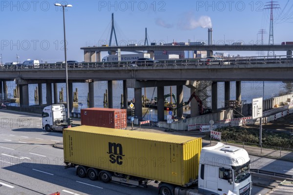 The Köhlbrand Bridge in the Port of Hamburg, rear, front trucks on the Waltershoferdam, access to