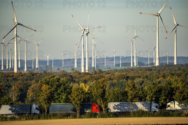 Wind farm near Bad Wünnenberg, OWL, A44 motorway, HGV traffic, North Rhine-Westphalia, Germany,