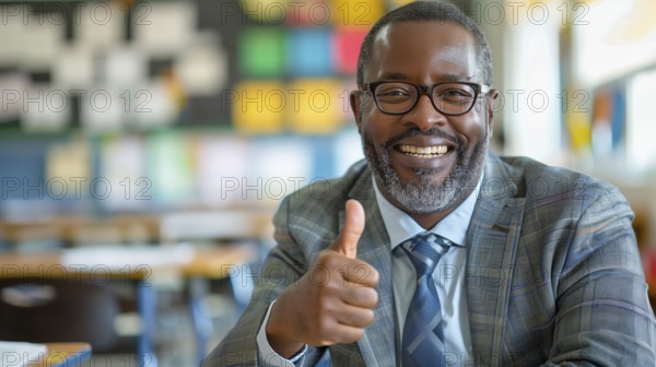 Proud african american male teacher giving a bright smile and a thumbs up in his classroom.