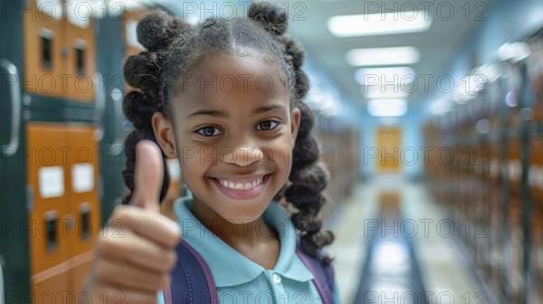 Cute african american school girl giving a thumbs up in the hallway of her school. generative AI,