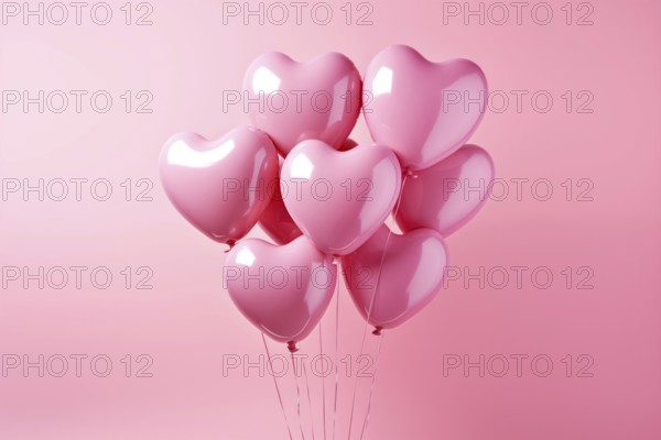Bunch of glossy pink heart-shaped balloons against a soft pink background, perfect for Valentine's