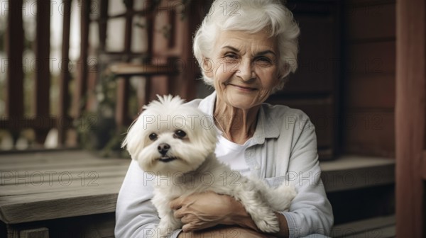 Attractive happy elderly woman on her porch holding her maltese puppy, generative AI, AI generated