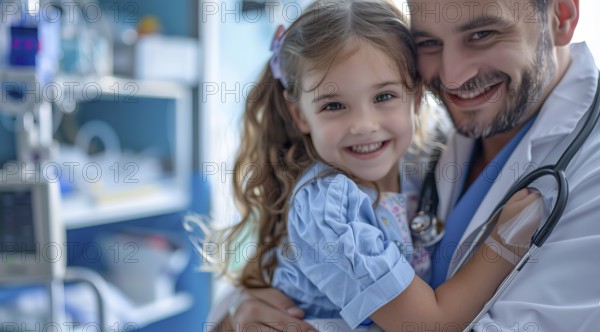 Doctor hugging little girl in hospital room. Smiling young girl being held by a doctor, AI