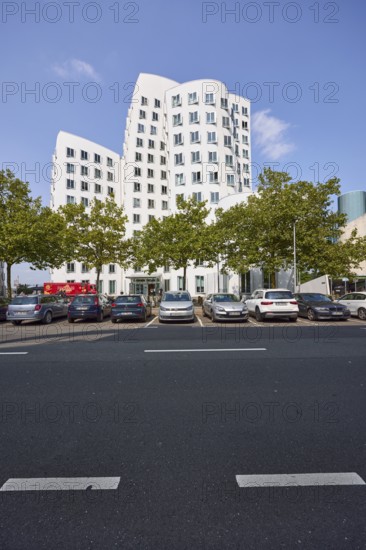 Gehry buildings by architect Frank O. Gehry on Neuer Zollhof street in Düsseldorf, state capital,