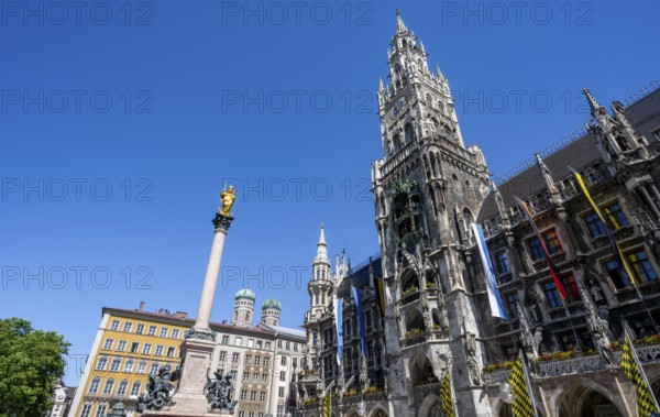 New Town Hall with St Mary's Column and church towers of the Church of Our Lady, Marienplatz,