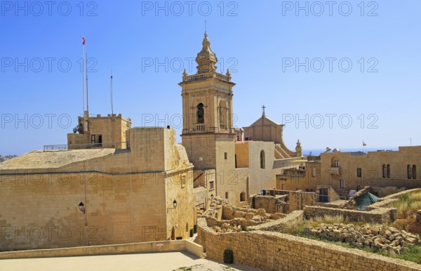 Cathedral church tower and ruins inside citadel castle walls Il-Kastell, Victoria Rabat, Gozo,