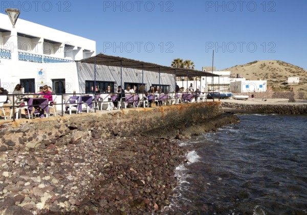 Waterside restaurant, Isleta de Moro village, Cabo de Gata natural park, Nijar, Almeria, Spain,