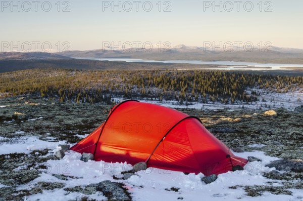 Tent in mountain landscape, Sarek National Park, World Heritage Laponia, Norrbotten, Lapland,