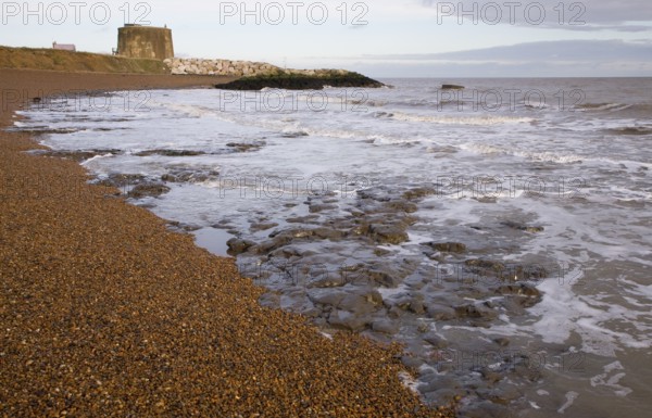 London Clay wave cut platform exposed at low tide on the beach at East Lane, Bawdsey, Suffolk,