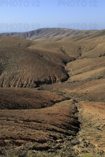 Bare moon-like arid landscape in mountains between Pajara and La Pared, Fuerteventura, Canary